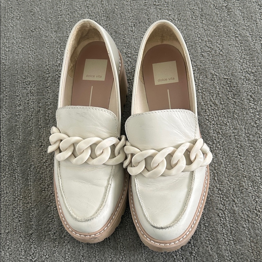 Dolce Vita Cream Leather Chain-Trim Loafers